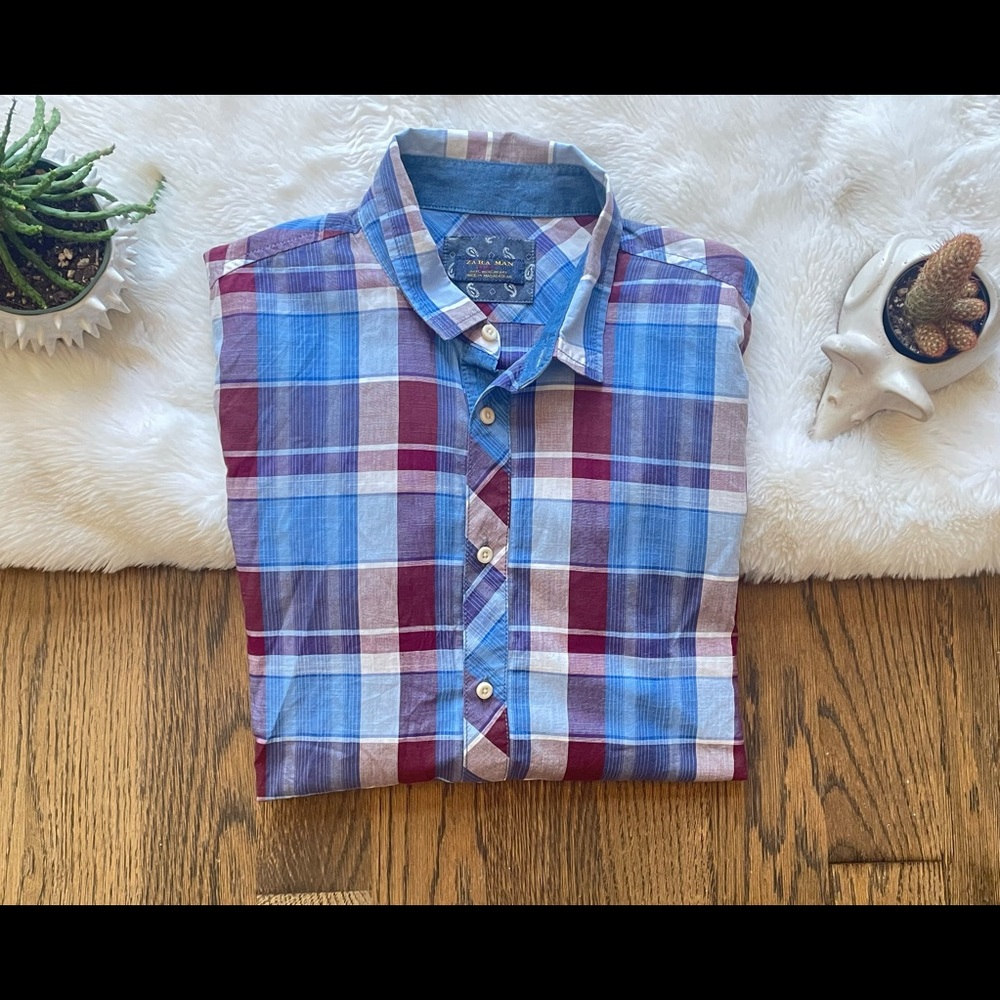 Zara Man Plaid Relaxed Fit Flannel Shirt Size XL Blue Multicolor Boat Yacht